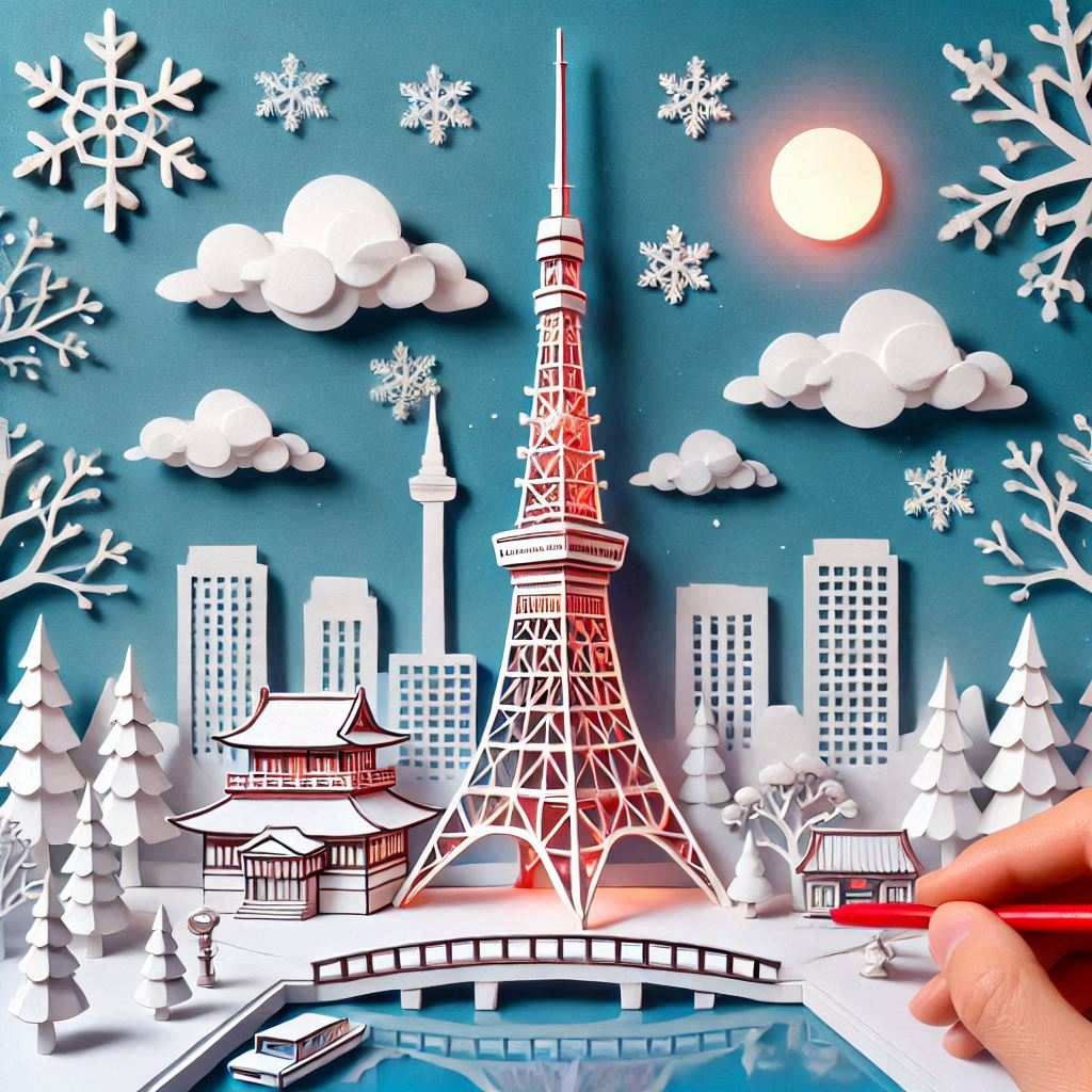 冬景色の東京タワーだけのイラストをペーパークラフト調で描く。文字はイラストの中には絶対描かないこと.png