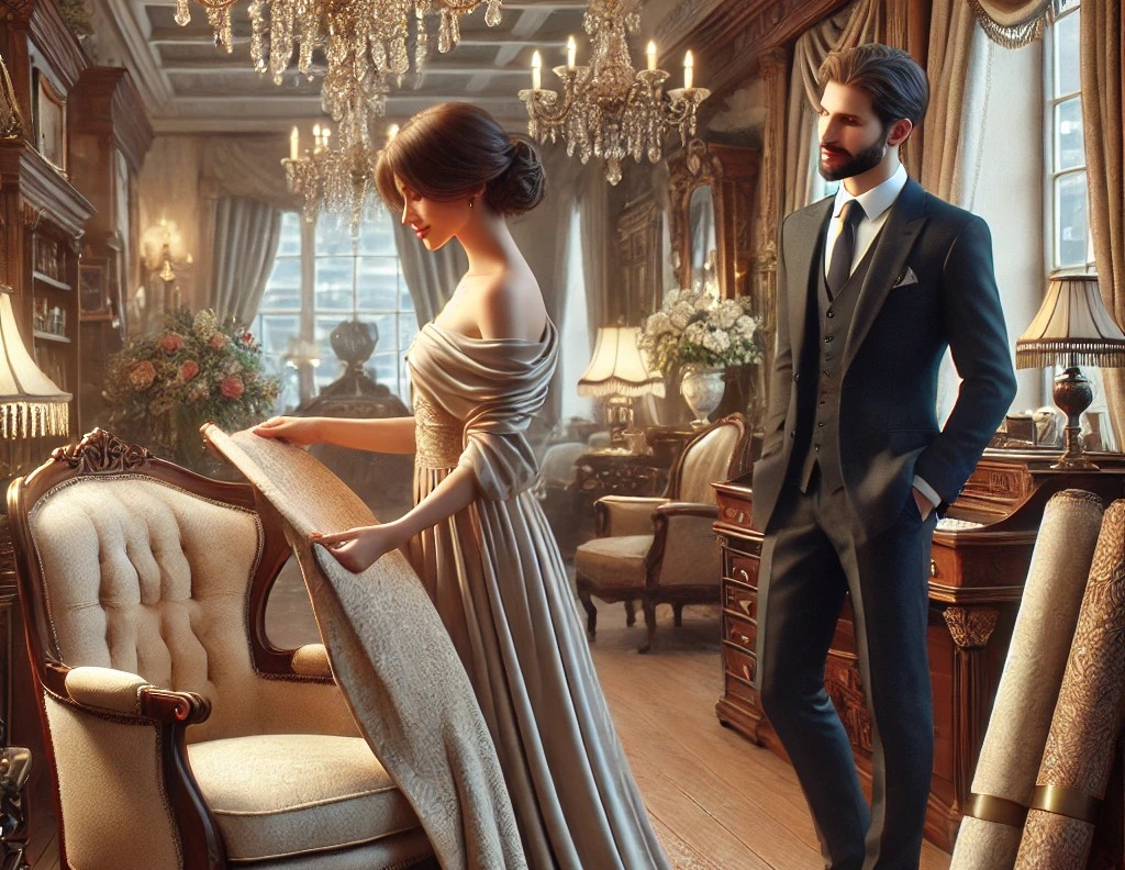 DALL·E 2025-04-23 05.02.08 - A realistic and elegant scene inside a high-end antique shop. The shop is beautifully arranged with vintage furniture, chandeliers, and ornate decor. .jpg