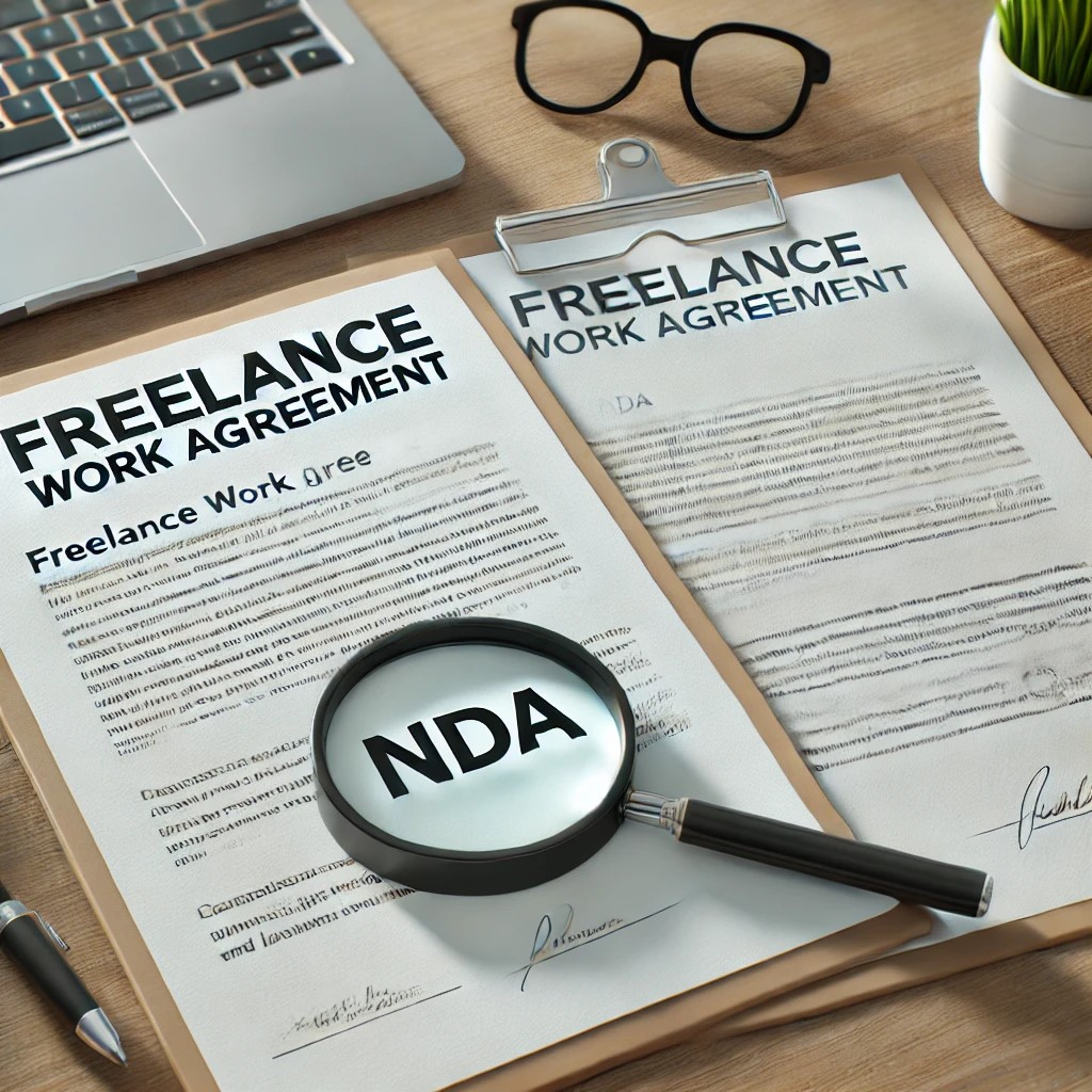 DALL·E 2024-10-21 08.05.05 - A visual of two contract documents titled 'Freelance Work Agreement' and 'NDA' placed on a desk with a magnifying glass, symbolizing careful review an.jpeg
