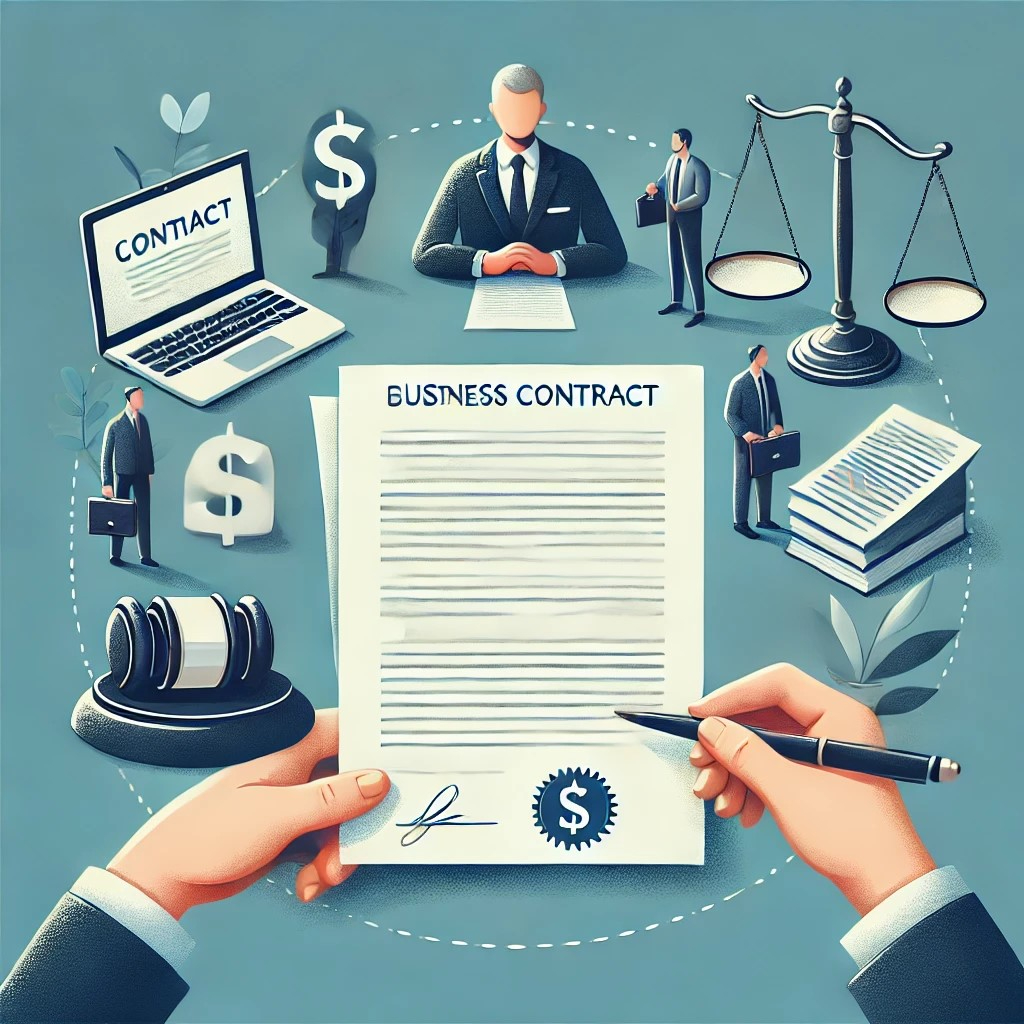 DALL·E 2024-10-25 18.17.37 - An illustration showing a business contract between a company and a freelancer, symbolizing fair trade and legal agreement. The scene should highlight.jpeg