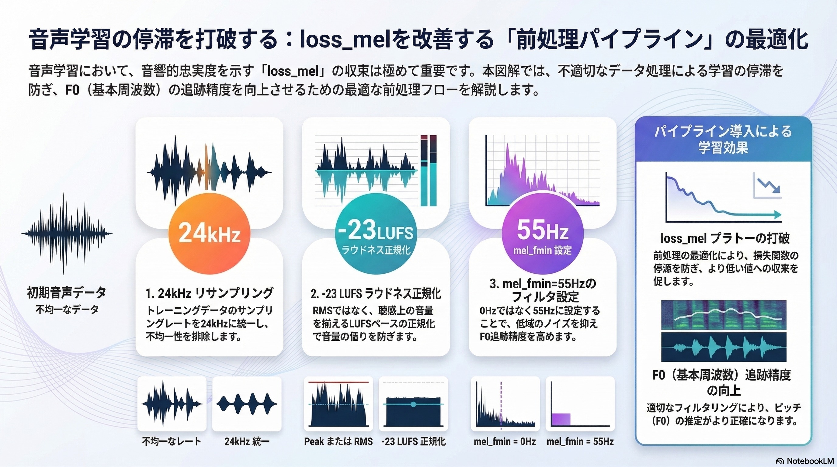 画像③：音声前処理パイプラインのフロー図（リサンプリング→ノーマライゼーション→フィルタリングの流れ.png