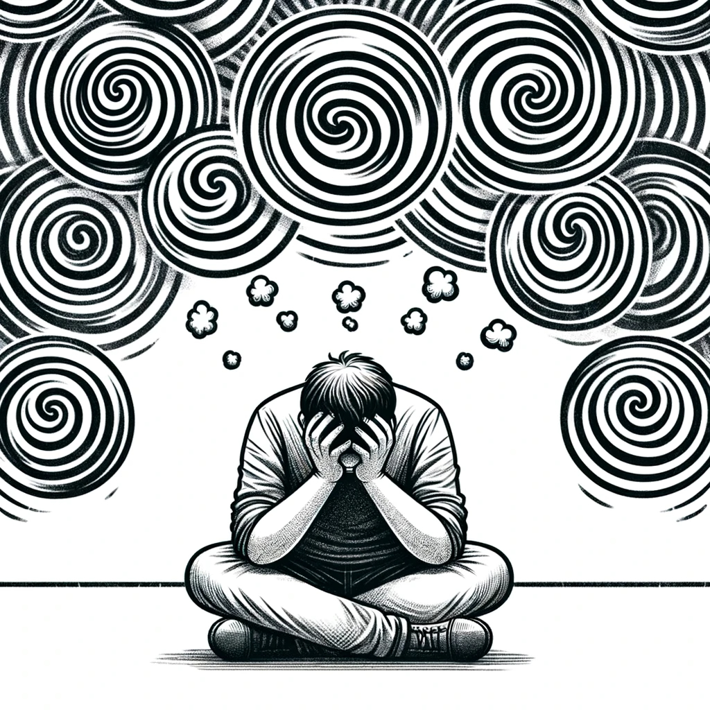 DALL·E 2023-11-07 17.52.30 - Create a cartoonish illustration that symbolizes depression and 'circular thinking'. The character should be sitting with their head in their hands, l.png