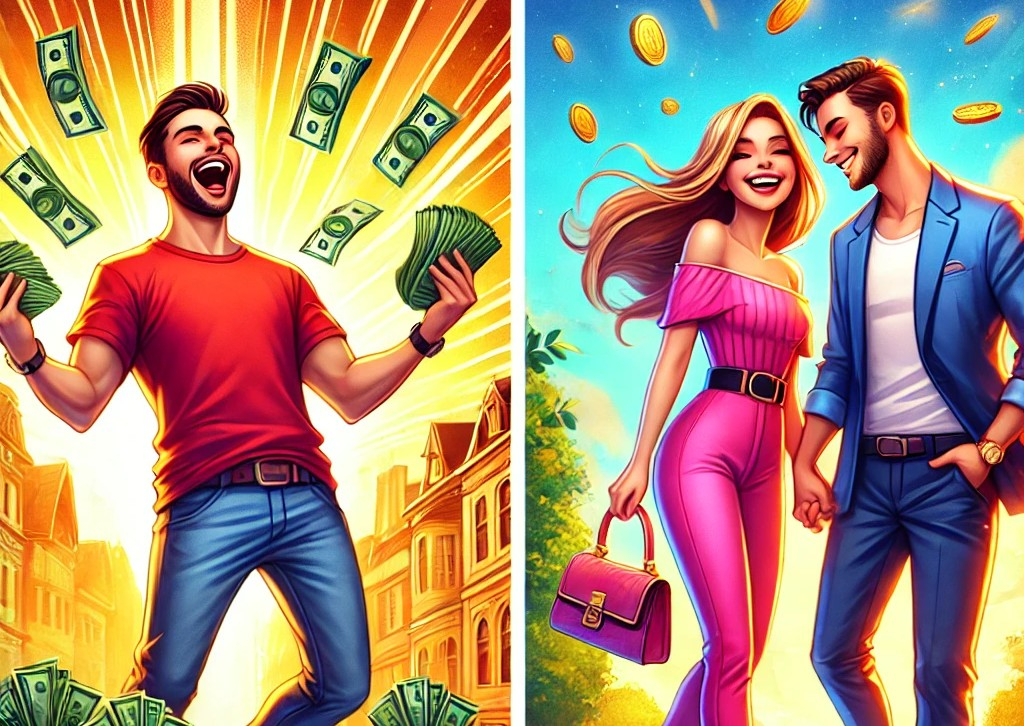 DALL·E 2025-04-18 09.15.56 - A vibrant and joyful illustration showing two separate scenes side by side. On the left, a happy man in his 30s, wearing casual but stylish clothes, i.jpg