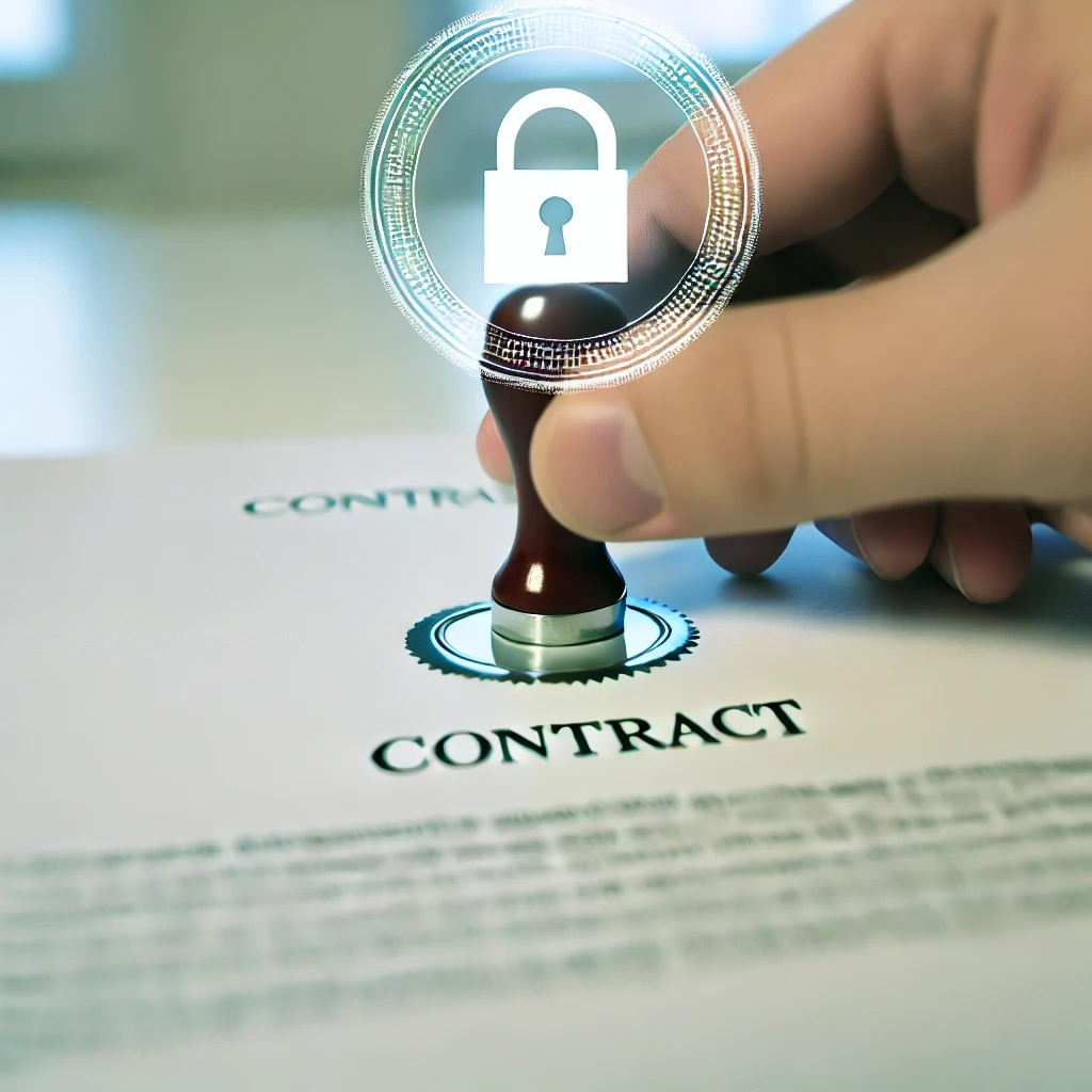 DALL·E 2024-10-28 11.28.15 - An image focusing on the importance of contracts in business, showing a close-up of a hand placing a seal on a contract document with text partially v.jpeg
