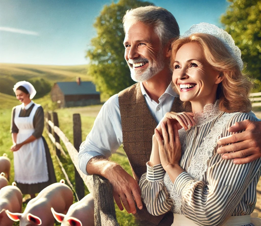 DALL·E 2025-05-05 21.23.08 - A peaceful and joyful scene at a sunny countryside farm. An elegant 40-something couple, dressed in tasteful, refined clothing, stands with a smiling .jpg