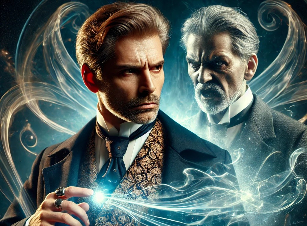 DALL·E 2025-05-08 08.30.35 - A powerful and mystical scene showing a 50-something male psychic with a strict and refined appearance, performing a supernatural act. The psychic, dr.jpg