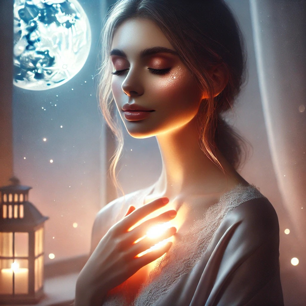 DALL·E 2025-11-04 14.12.09 - A gentle, mystical nighttime scene. A woman stands by a window bathed in soft moonlight. Her eyes are closed, and a single tear sparkles gently as it .jpg