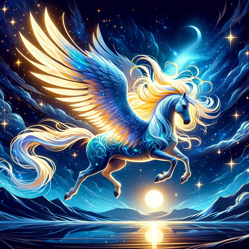 DALL·E 2023-11-25 18.32.43 - A vivid image of a mystical blue and white Pegasus soaring under a starry sky, emitting a magical light. The Pegasus has long, flowing golden mane and.png