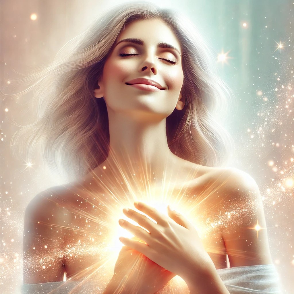 DALL·E 2025-08-09 00.42.46 - A bright and uplifting image of a woman experiencing a moment of inner peace and emotional healing. A soft, glowing, sparkling energy is gently enteri.jpg
