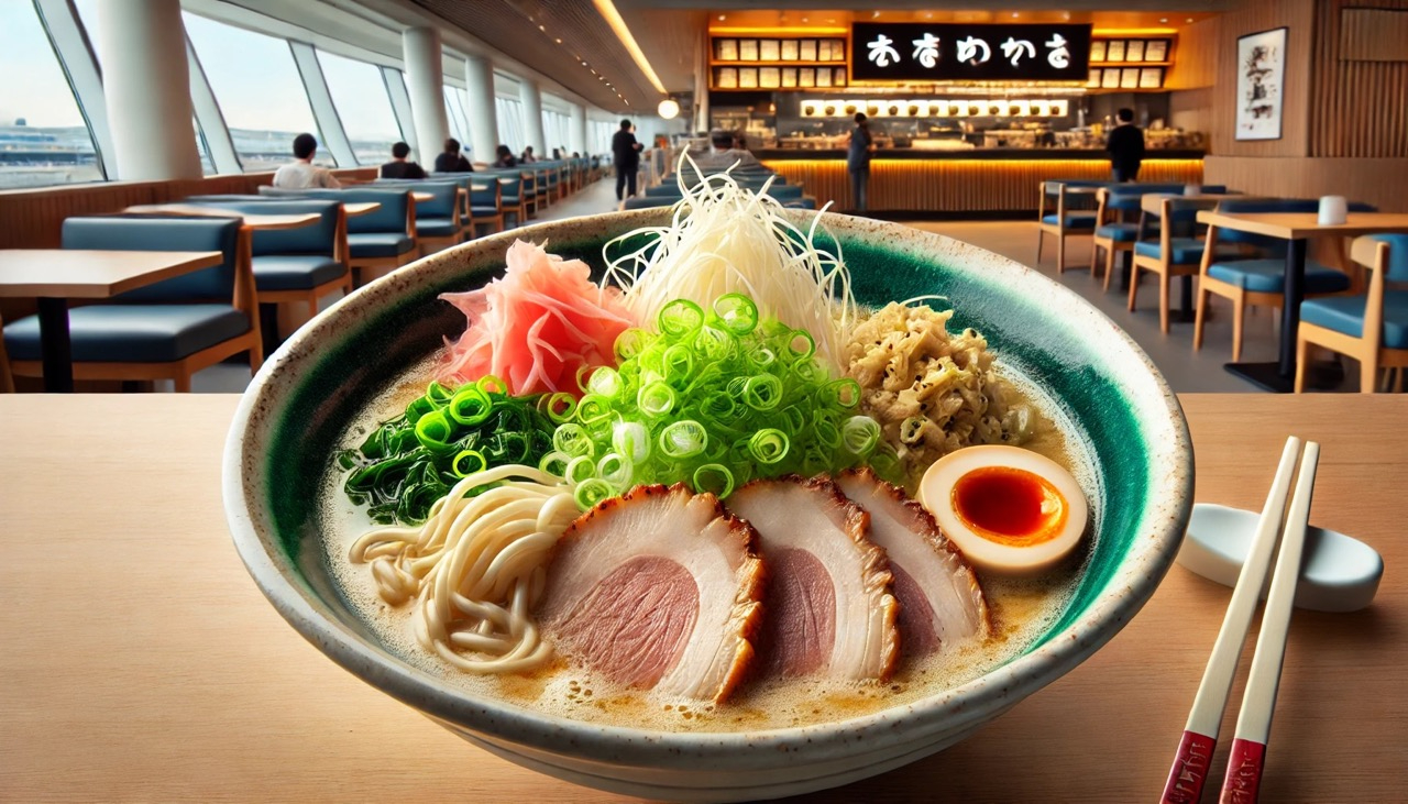 DALL·E 2024-07-04 19.07.39 - A high-quality image of a bowl of Hakata tonkotsu ramen served at Hakata-ya in Kiyama Service Area, featuring rich pork bone broth, thin noodles, and  大.jpeg