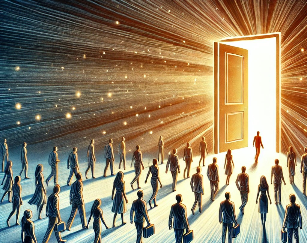 DALL·E 2025-04-30 06.59.55 - A symbolic and emotional scene showing many people walking joyfully into a large, glowing door that represents a bright and hopeful future. The door i.jpg