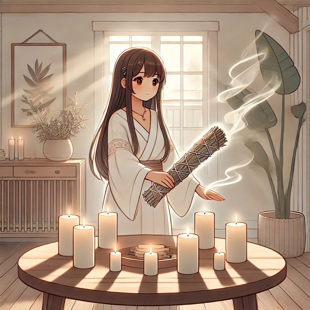 DALL·E 2025-01-22 01.06.26 - An anime-style illustration of a serene young woman cleansing a room with sage and candles. She is gently waving sage smoke around the space, which in.jpg