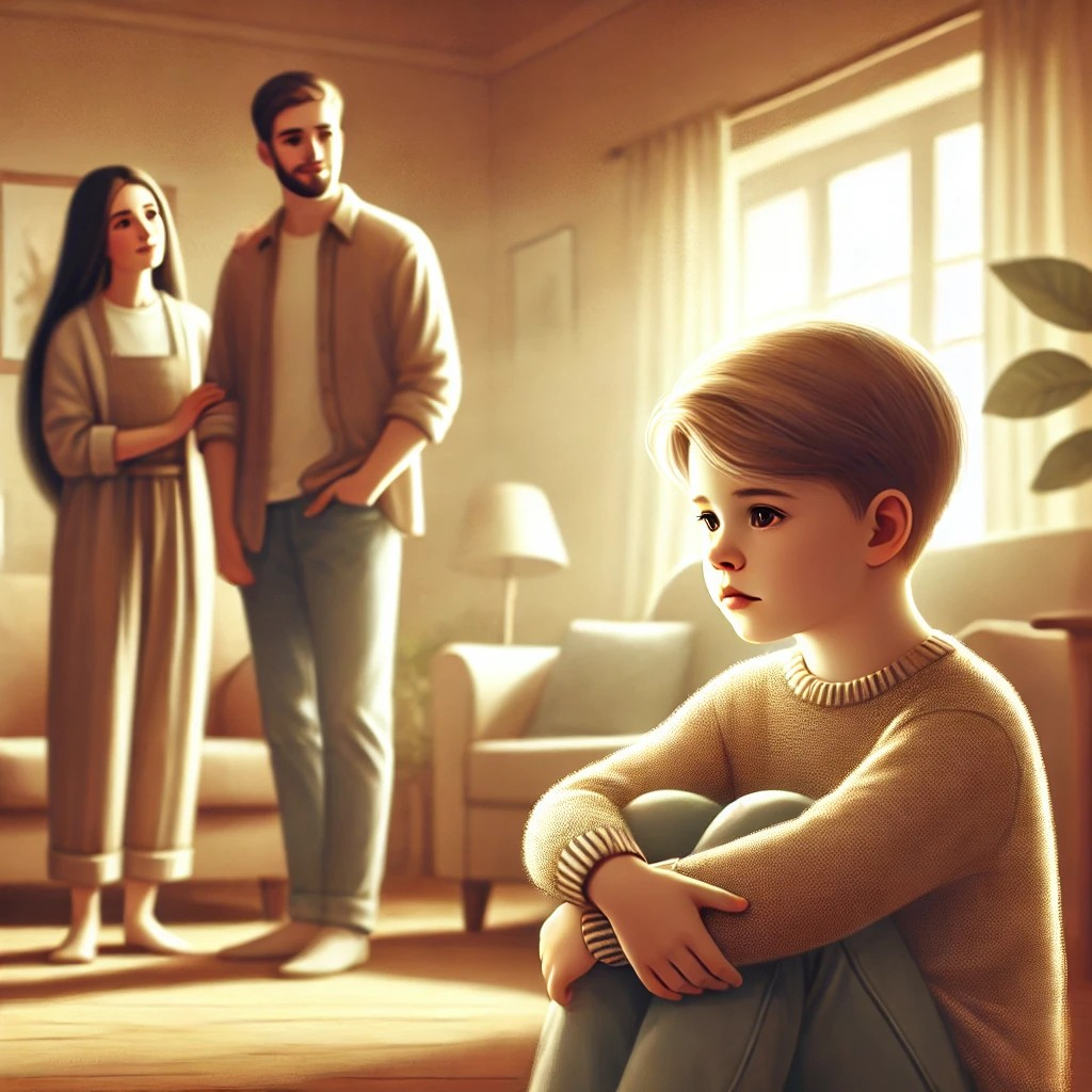 DALL·E 2025-10-22 11.35.49 - A warm, realistic illustration showing a child sitting in a cozy living room, looking thoughtful or a little troubled. Behind the child, two loving pa.jpg
