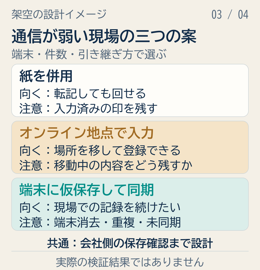電波が弱い倉庫で紙併用とオンライン地点入力と端末仮保存を比べる架空の説明図.png