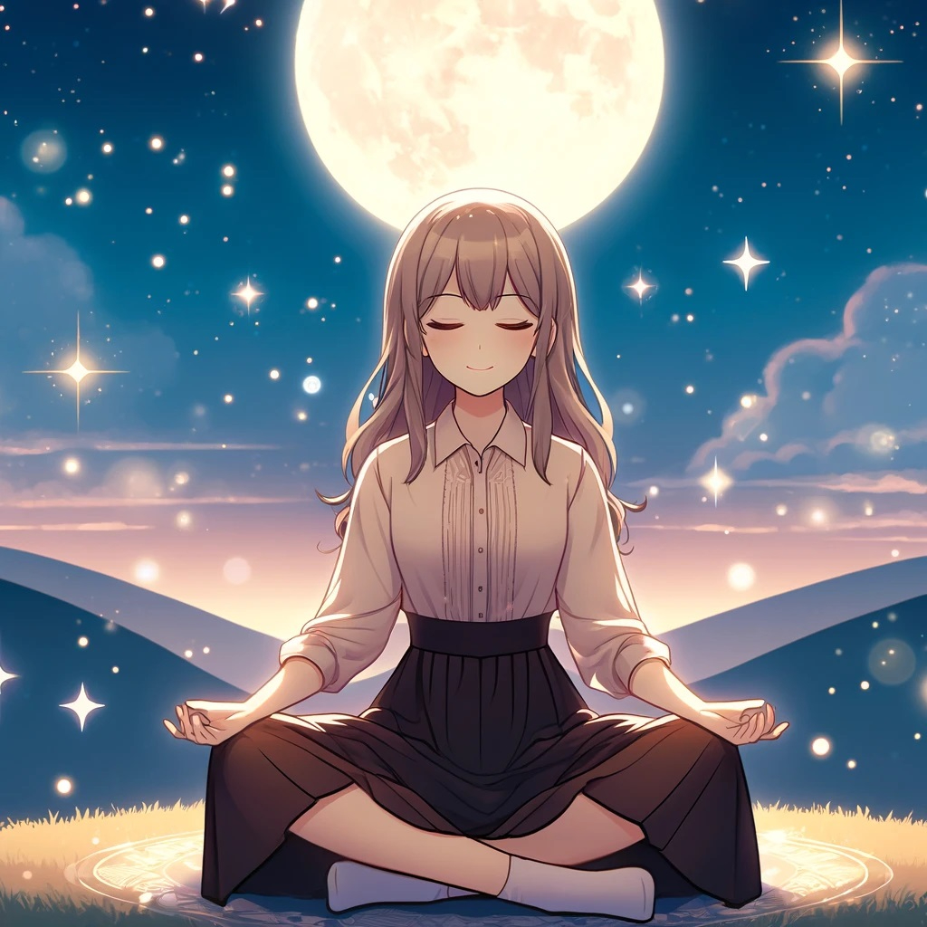 DALL·E 2025-01-23 20.03.44 - An anime-style illustration of a serene young woman sitting peacefully under a vast starry sky, symbolizing the connection between the universe and se.jpg