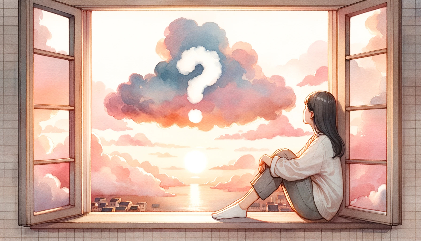 DALL·E 2023-10-21 14.01.47 - Wide watercolor scene of a young woman sitting on a window sill, gazing outside at a cloud shaped like a question mark. The setting sun paints the sky.png