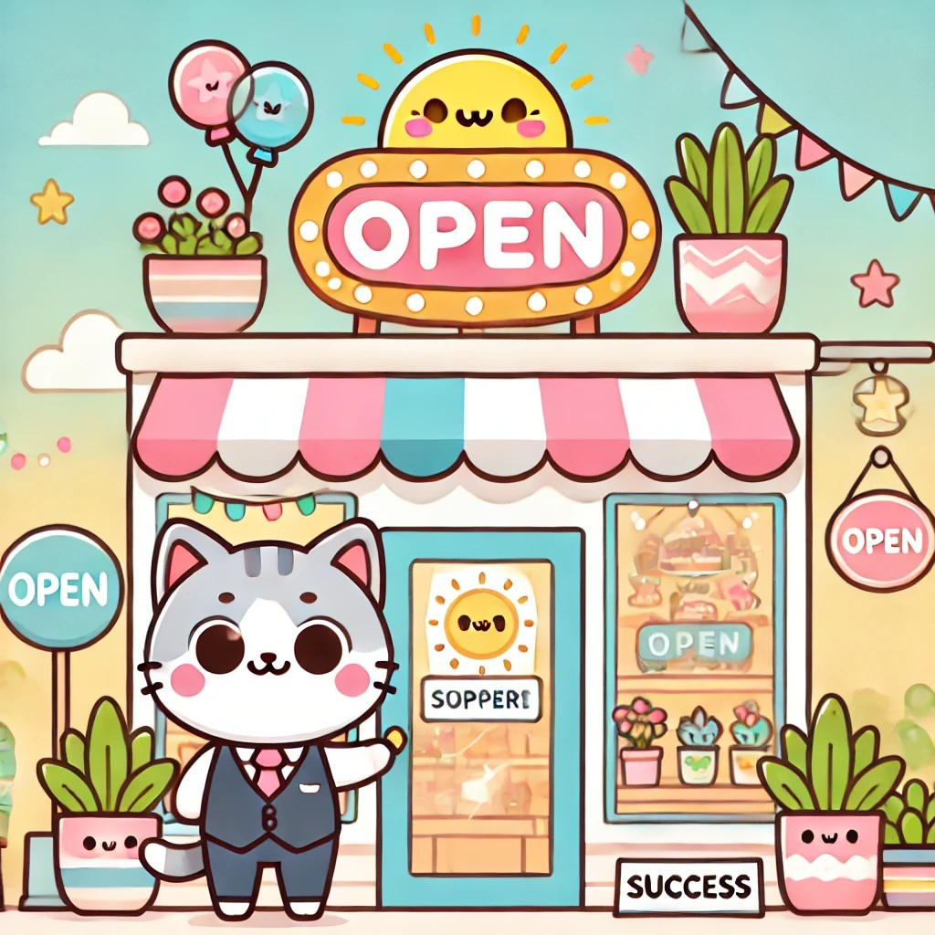 DALL·E 2024-10-24 17.01.54 - A cute and cheerful illustration of a small business setting, showing a friendly animal character (a cat or dog) standing in front of a small shop wit.jpeg