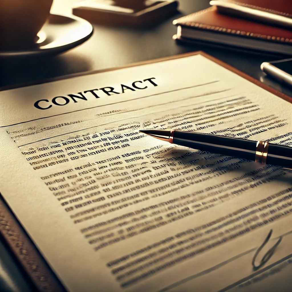 DALL·E 2024-11-06 22.58.59 - A close-up image of a professional contract on a desk, ready to be signed. The contract is neatly laid out with a pen placed on top, showing sections .jpeg