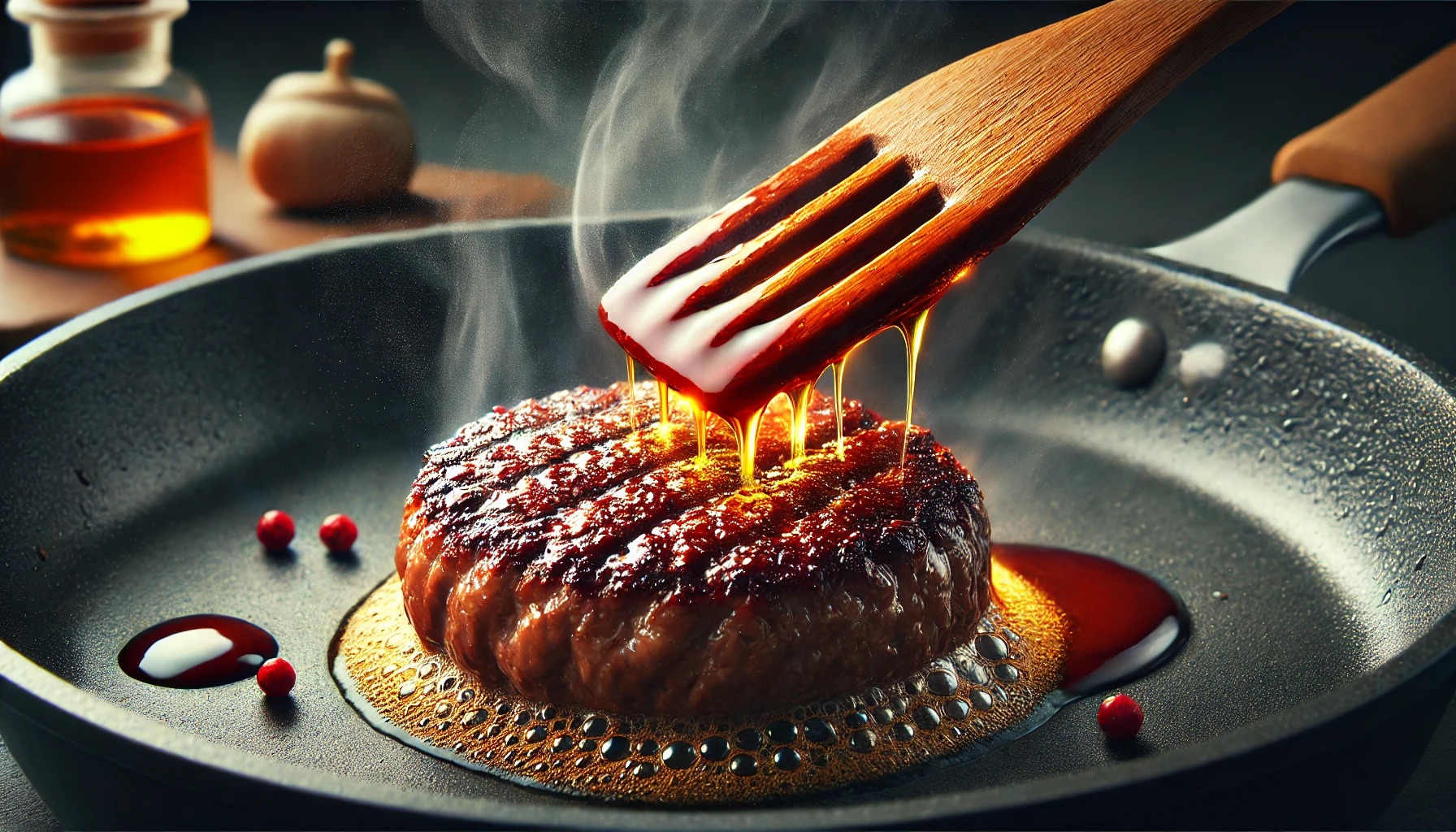 DALL·E 2024-06-26 18.29.08 - A high-quality image showing a hamburger patty being seared in a pan, with a beautiful brown crust forming, highlighting the technique for locking in .jpeg