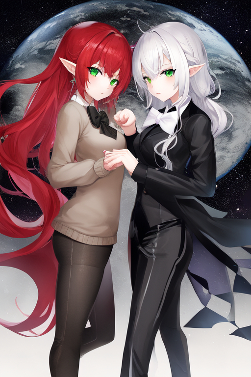 1910062516_2girls, paw pose, from side, multicolored hair, red hair, (white hair)+, green eyes, pointy ears, sweater, glasses, collar, bowtie, space_3.png