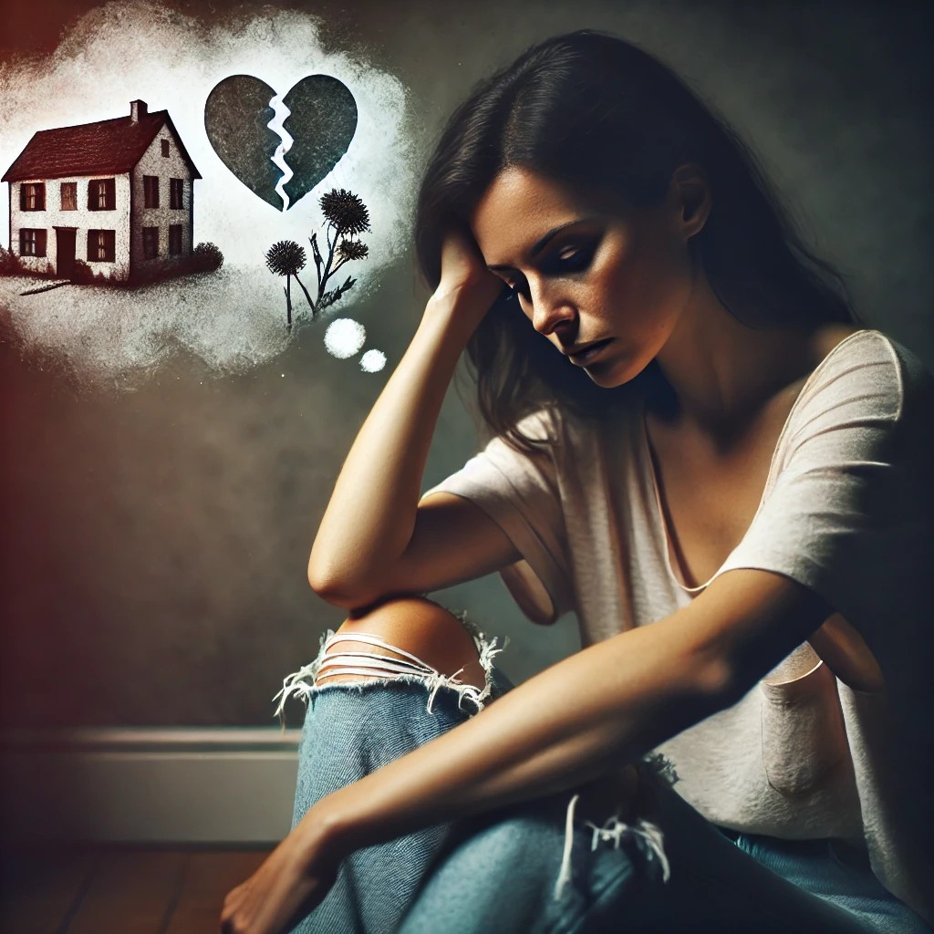 DALL·E 2025-07-08 14.57.15 - A woman sitting alone, looking down with a sad and disappointed expression. Her posture is slouched, and her hands rest on her lap or cover part of he.jpg