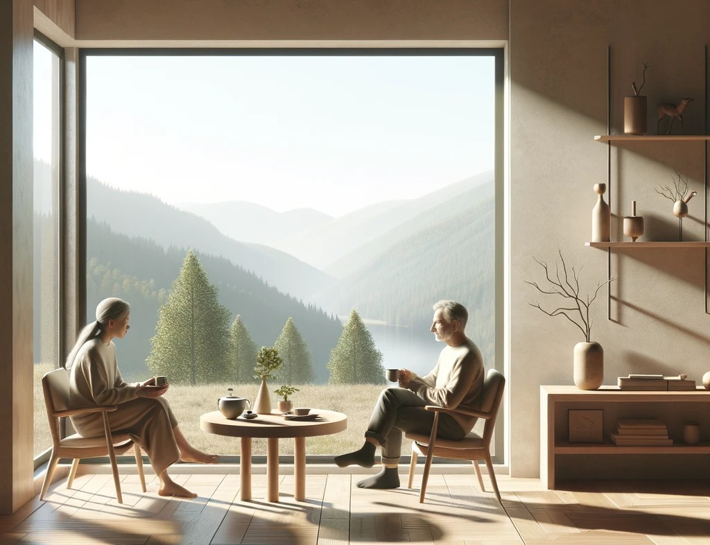 DALL·E 2025-04-18 09.44.13 - A serene and minimalist interior scene showing a spacious, simple room with minimal, elegant furniture – such as a low wooden table, two chairs, and a.jpg