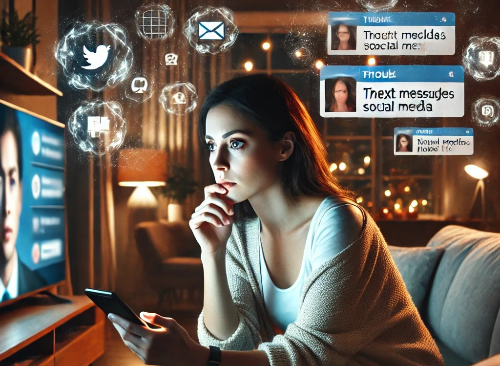 DALL·E 2025-06-11 17.38.31 - A modern living room with a soft, cozy sofa. A woman in her 30s is sitting on the sofa, holding a smartphone in her hand, looking slightly confused an.jpg