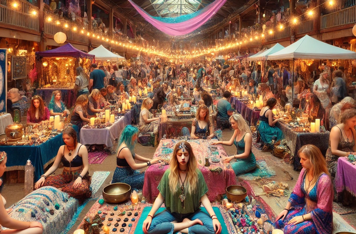 DALL·E 2025-04-15 05.01.13 - A lively spiritual fair filled with energy and color. Rows of healers sit at decorated booths with crystals, incense, candles, and spiritual symbols. .jpg
