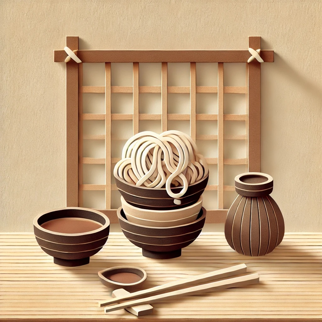 DALL·E 2025-02-11 09.29.45 - A charming papercraft-style illustration featuring a traditional Japanese wanko soba meal. Small lacquered bowls stacked high, each containing a porti.jpg