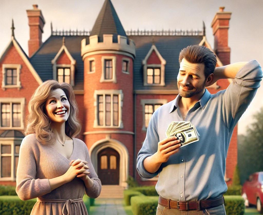 DALL·E 2025-04-26 01.35.03 - A realistic and heartwarming scene showing a 40-something couple standing in front of their soon-to-be new castle-like home. The castle is made of red.jpg