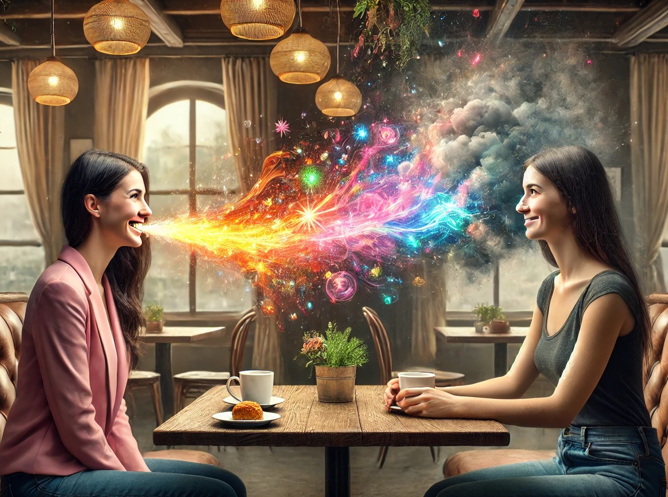 DALL·E 2025-07-30 13.42.14 - A surreal but expressive scene inside a cozy café where two women are sitting across from each other, engaged in conversation. One woman is smiling wa.jpg