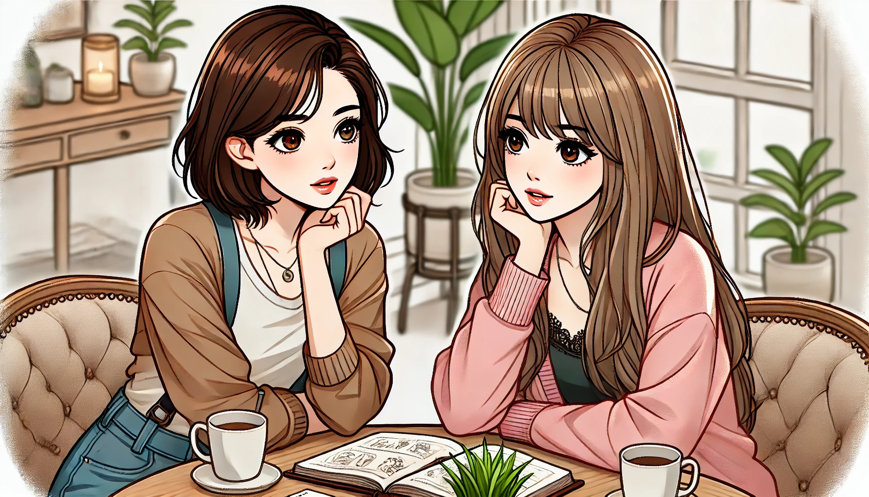 DALL·E 2024-08-29 20.47.51 - Create an illustration of two young women in their 20s having a conversation, in a stylish Japanese anime style. They appear engaged and focused, with.png