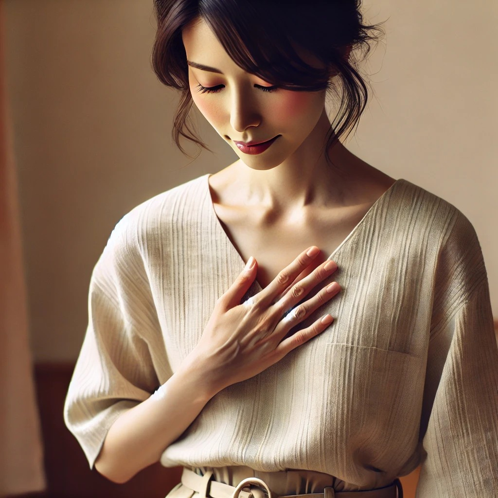 DALL·E 2025-09-23 13.38.13 - A gentle and introspective image of a Japanese woman in her 30s or 40s wearing modern, casual Western-style clothing. She is standing or sitting calml.jpg