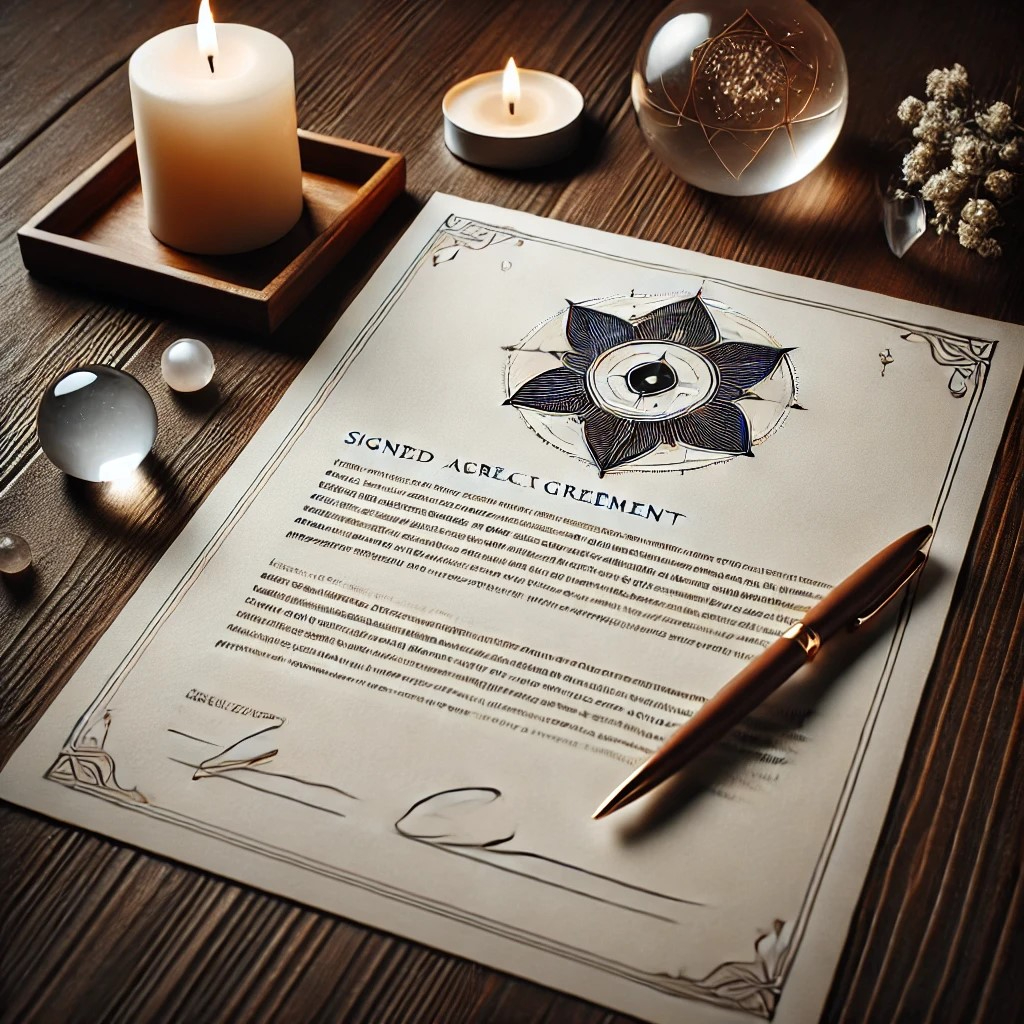 DALL·E 2024-11-19 15.15.43 - An elegant visual representation of a signed agreement for a spiritual consultation service. The image features a professional-looking contract docume.jpeg