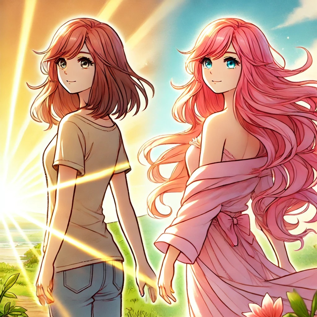 DALL·E 2025-02-21 06.09.22 - An anime-style illustration of a young woman with flowing pink hair standing on a peaceful hill at sunrise, looking towards a bright and limitless hor.jpg