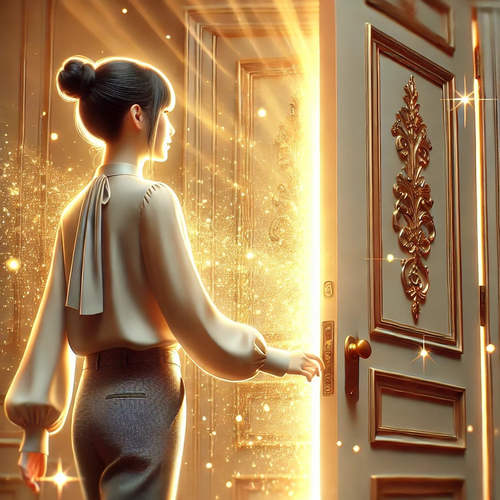 DALL·E 2025-09-12 19.50.08 - A photorealistic and slightly magical image of a modern Japanese woman in her 30s opening a large, elegant door slightly, with brilliant golden light .jpg