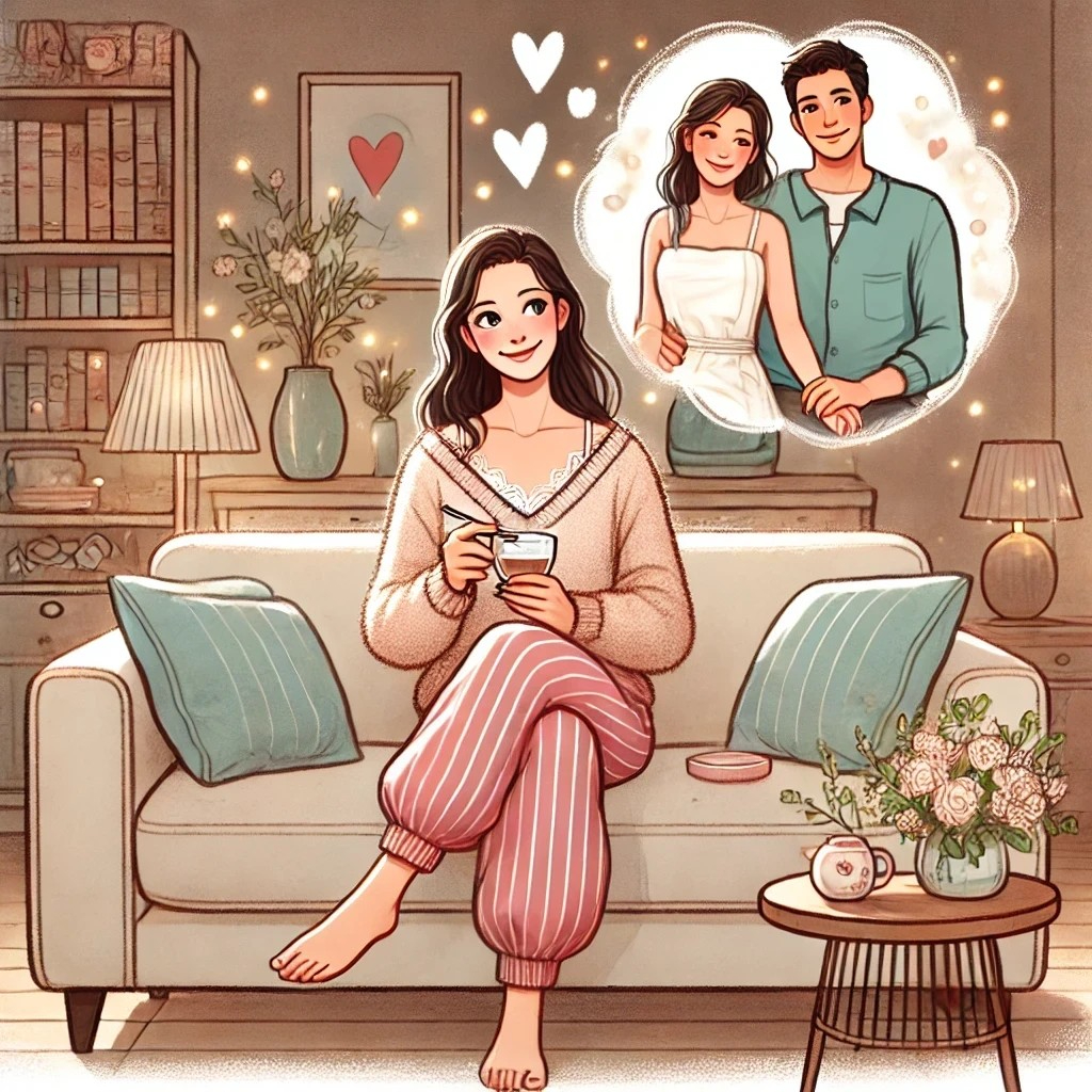 DALL·E 2025-08-17 21.23.53 - An illustration of a woman in her 40s enjoying living alone, yet with a gentle contradiction of wishing for marriage while loving her carefree single .jpg