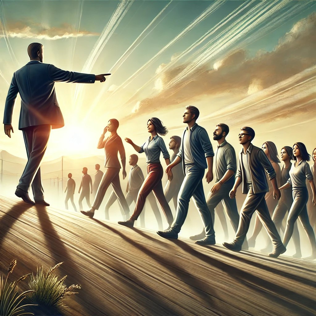 DALL·E 2025-07-22 18.33.29 - A symbolic and uplifting scene showing a confident leader walking ahead with purpose, while a group of diverse people follow with trust and enthusiasm.jpg