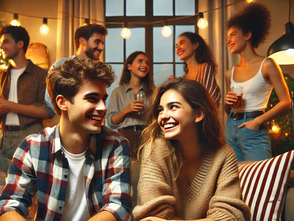 DALL·E 2025-05-15 04.38.06 - A warm and joyful home party scene with a group of friends gathered in a cozy, well-lit living room. Among them, a childhood friend couple stands out—.jpg