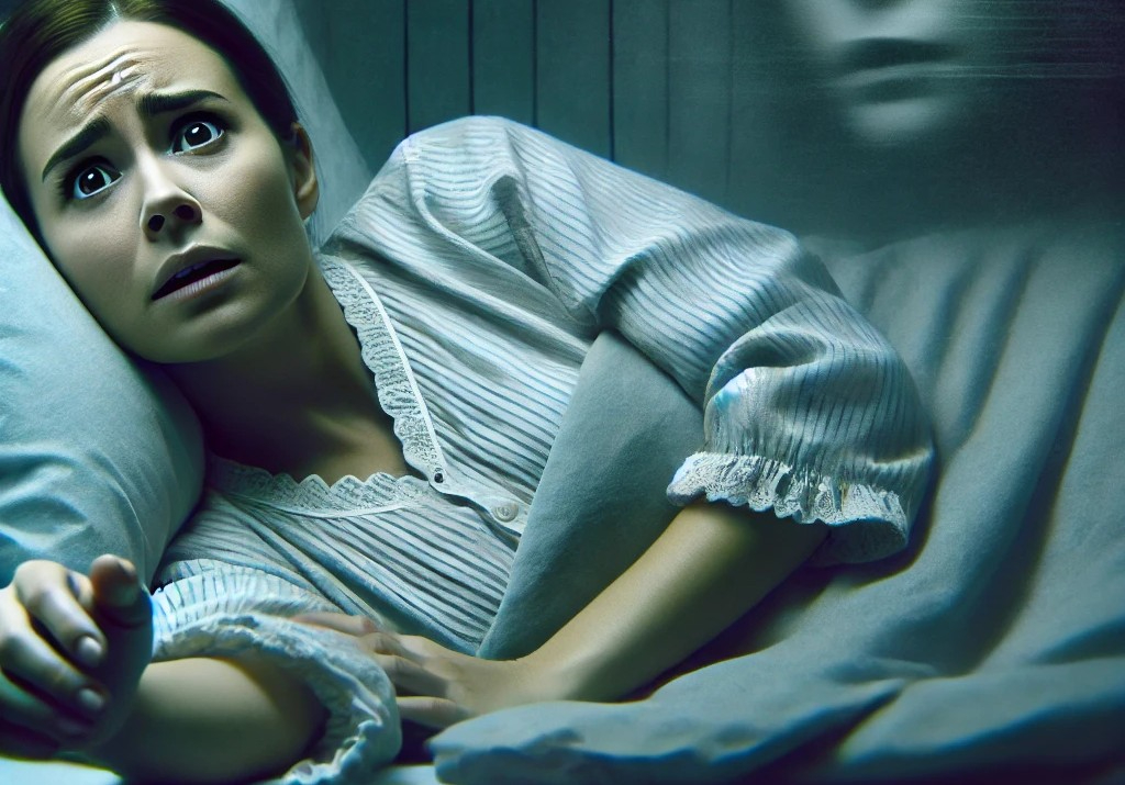 DALL·E 2025-05-10 06.23.32 - A woman in her 20s or 30s lying in bed, visibly distressed and experiencing sleep paralysis. Her eyes are wide open in fear, and her body is rigid as .jpg