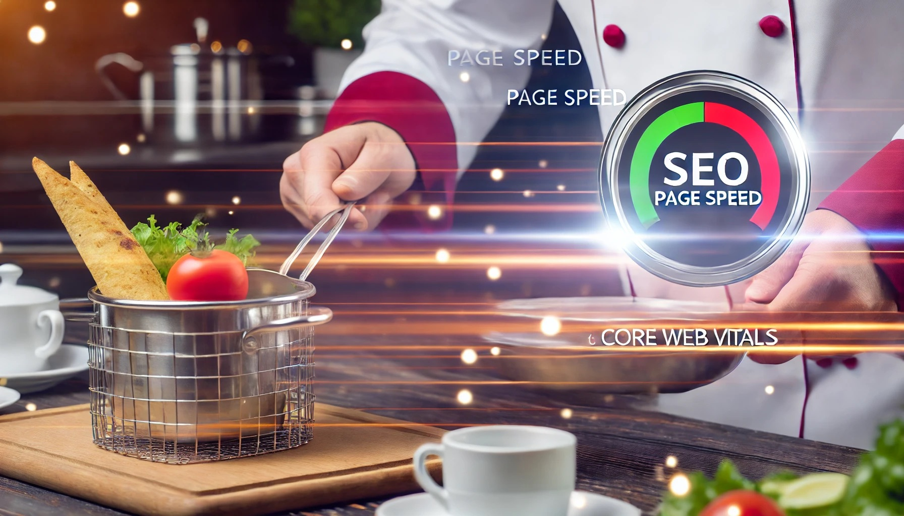 DALL·E 2024-06-25 22.33.49 - A high-quality image showing a chef quickly preparing and serving dishes in a busy kitchen, representing the importance of page speed and core web vit.jpeg