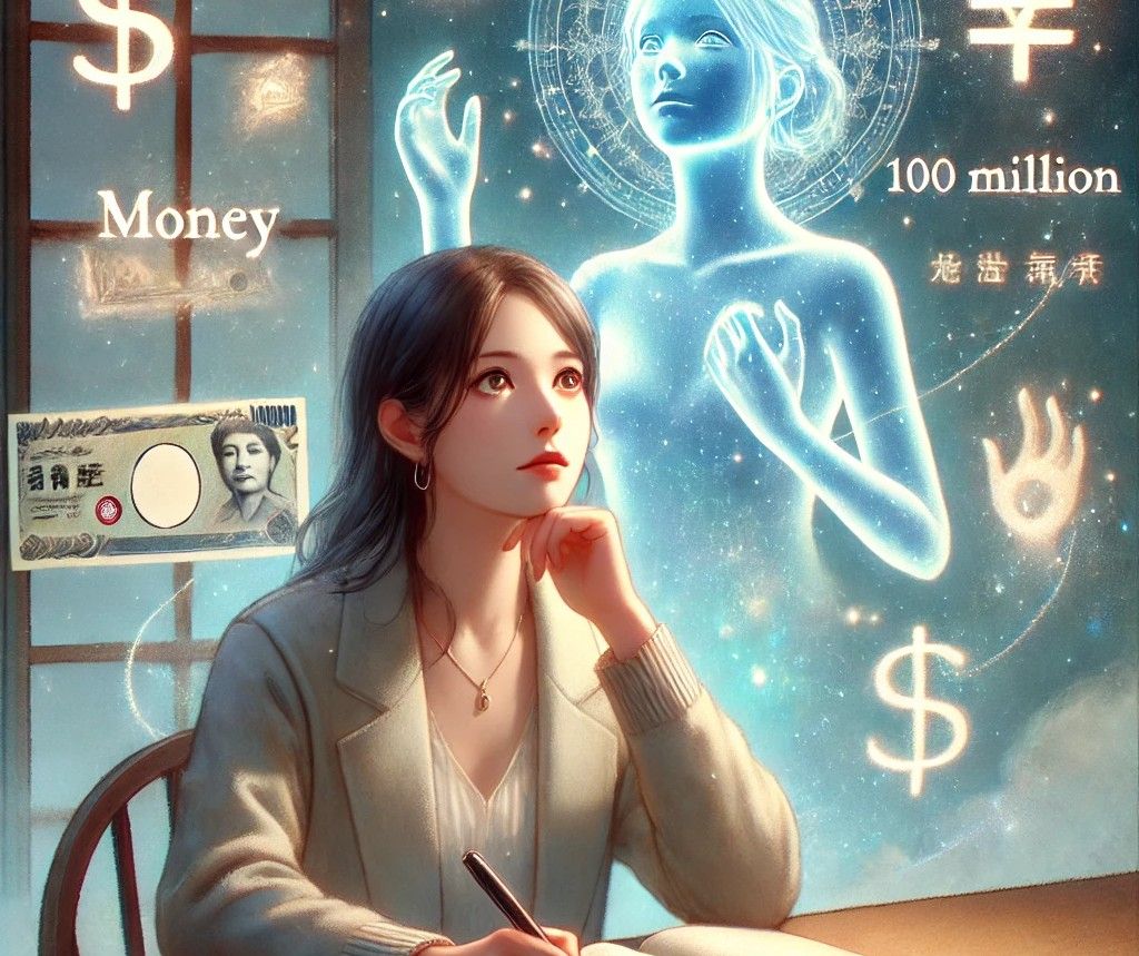 DALL·E 2025-06-06 18.39.17 - An introspective and symbolic illustration for a blog about the hidden truths behind the law of attraction and money. A Japanese woman in her 30s sits.jpg