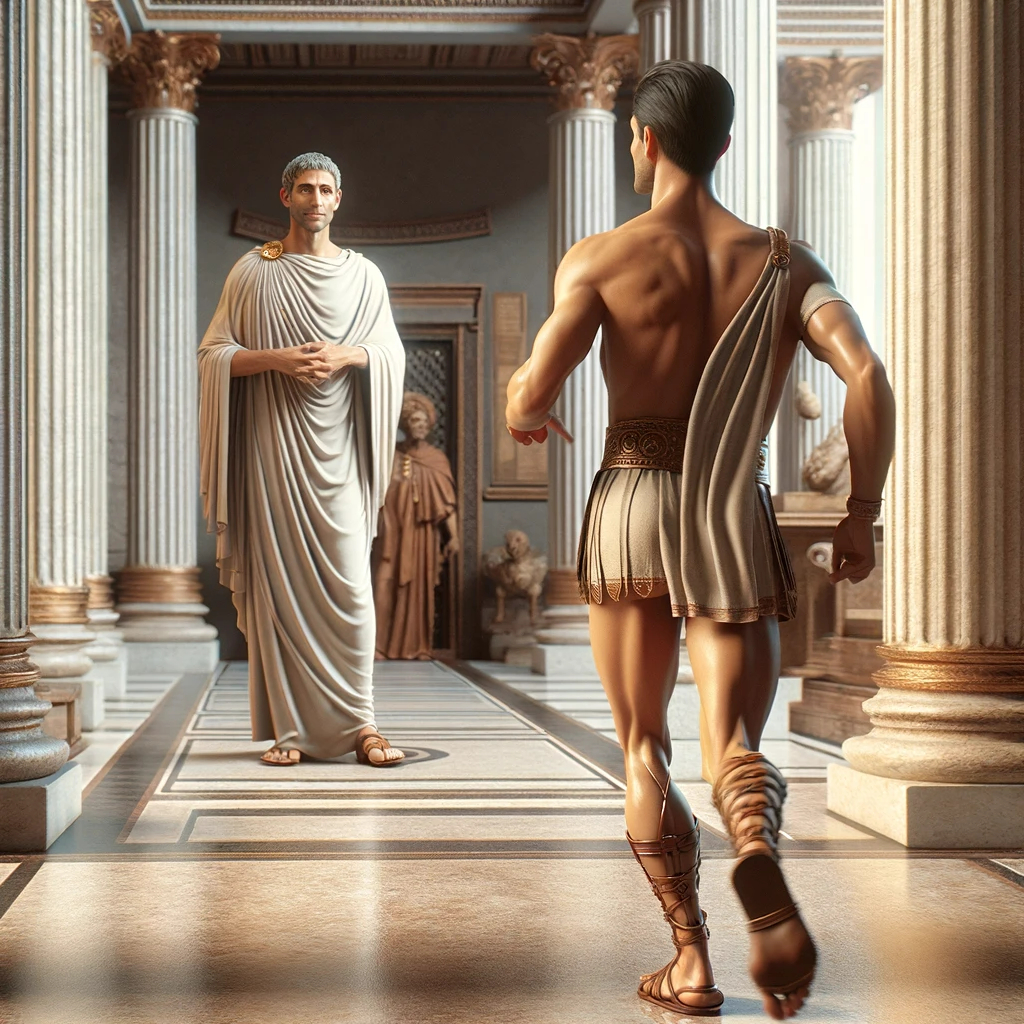DALL·E 2024-01-22 22.04.11 - An ancient Roman themed scene featuring two men. The first man is standing in the background, exuding an intellectual aura. He is dressed in tradition.png