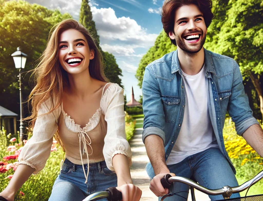 DALL·E 2025-05-06 19.23.18 - A joyful and lively scene showing a young couple in their 20s riding bicycles together through a beautiful outdoor setting. Both are smiling and laugh.jpg