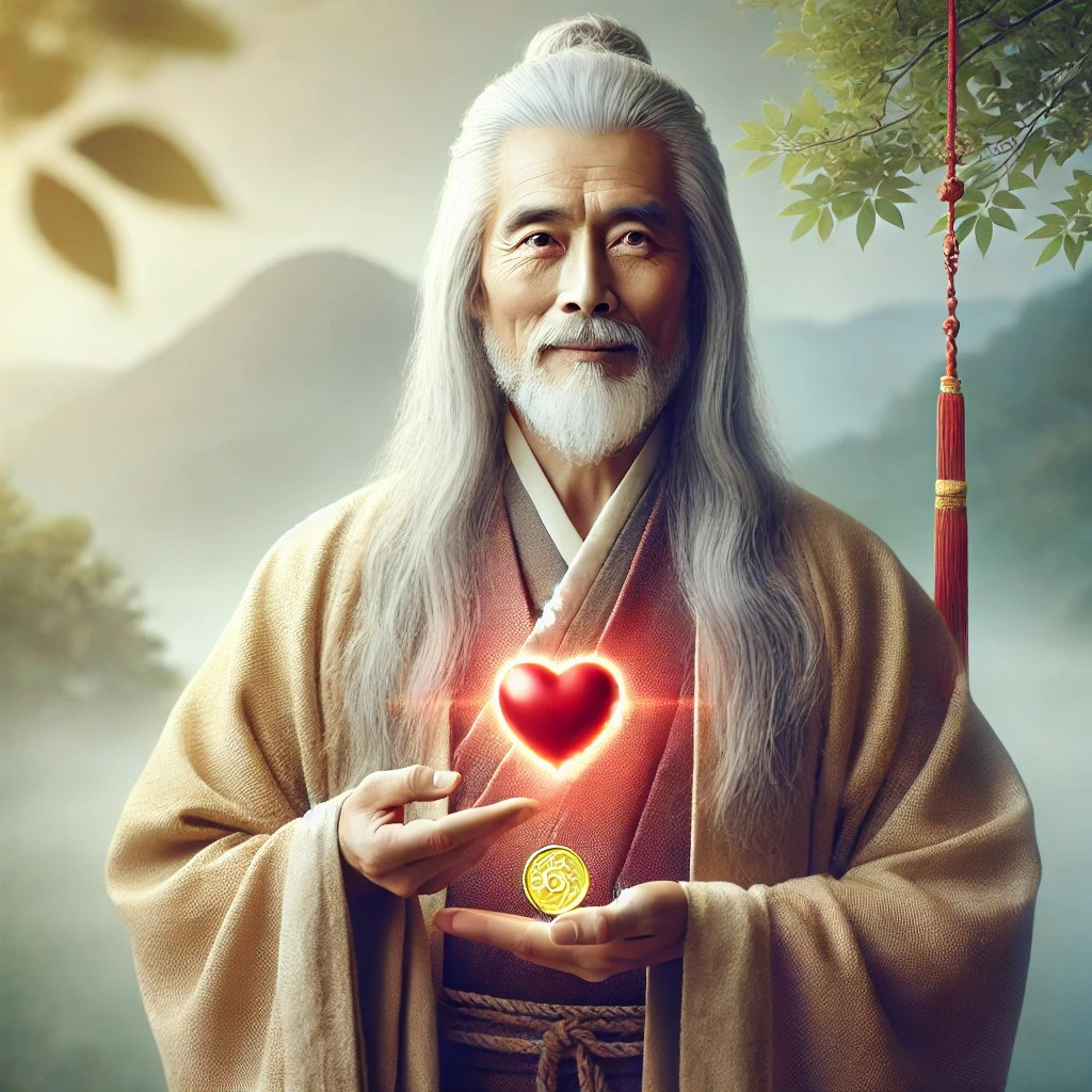 DALL·E 2025-07-17 20.27.20 - A serene and enlightened older man in his 60s with long white hair, wearing traditional robes, standing in a peaceful, spiritual setting. He holds a g.jpg