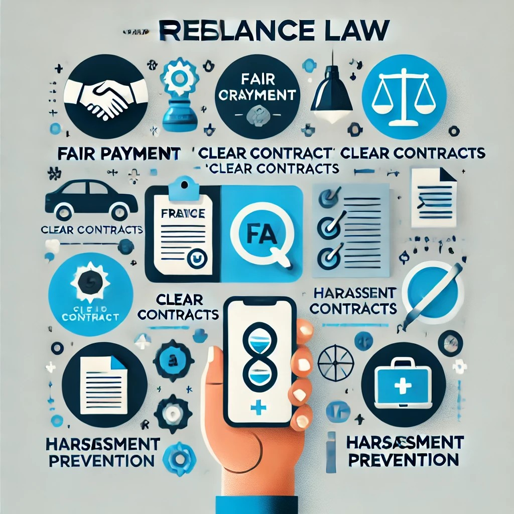 DALL·E 2024-10-23 06.54.30 - A graphic showing key points of the Freelance Law, including 'Fair Payment', 'Clear Contracts', and 'Harassment Prevention'. The design should use cle.jpeg