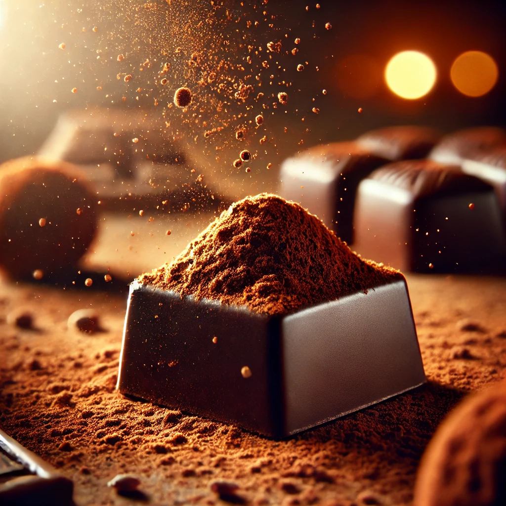 DALL·E 2025-02-10 14.13.52 - A close-up of rich, velvety dark chocolate truffles dusted with fine cocoa powder. The chocolate squares have a smooth, creamy texture with a slight s.jpg