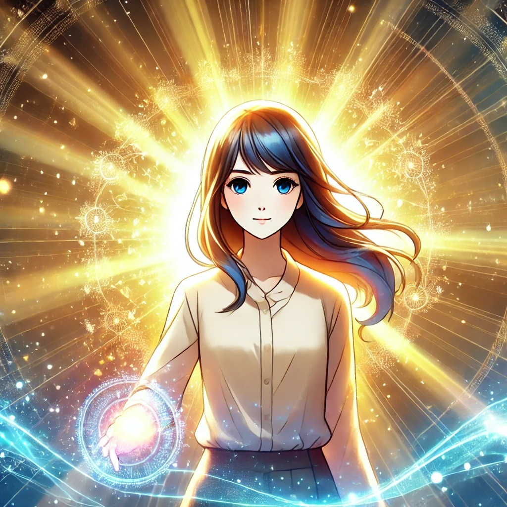 DALL·E 2025-03-14 08.55.44 - An anime-style illustration of a young woman radiating vibrant energy, symbolizing the full activation of her spiritual power. She stands confidently .jpg