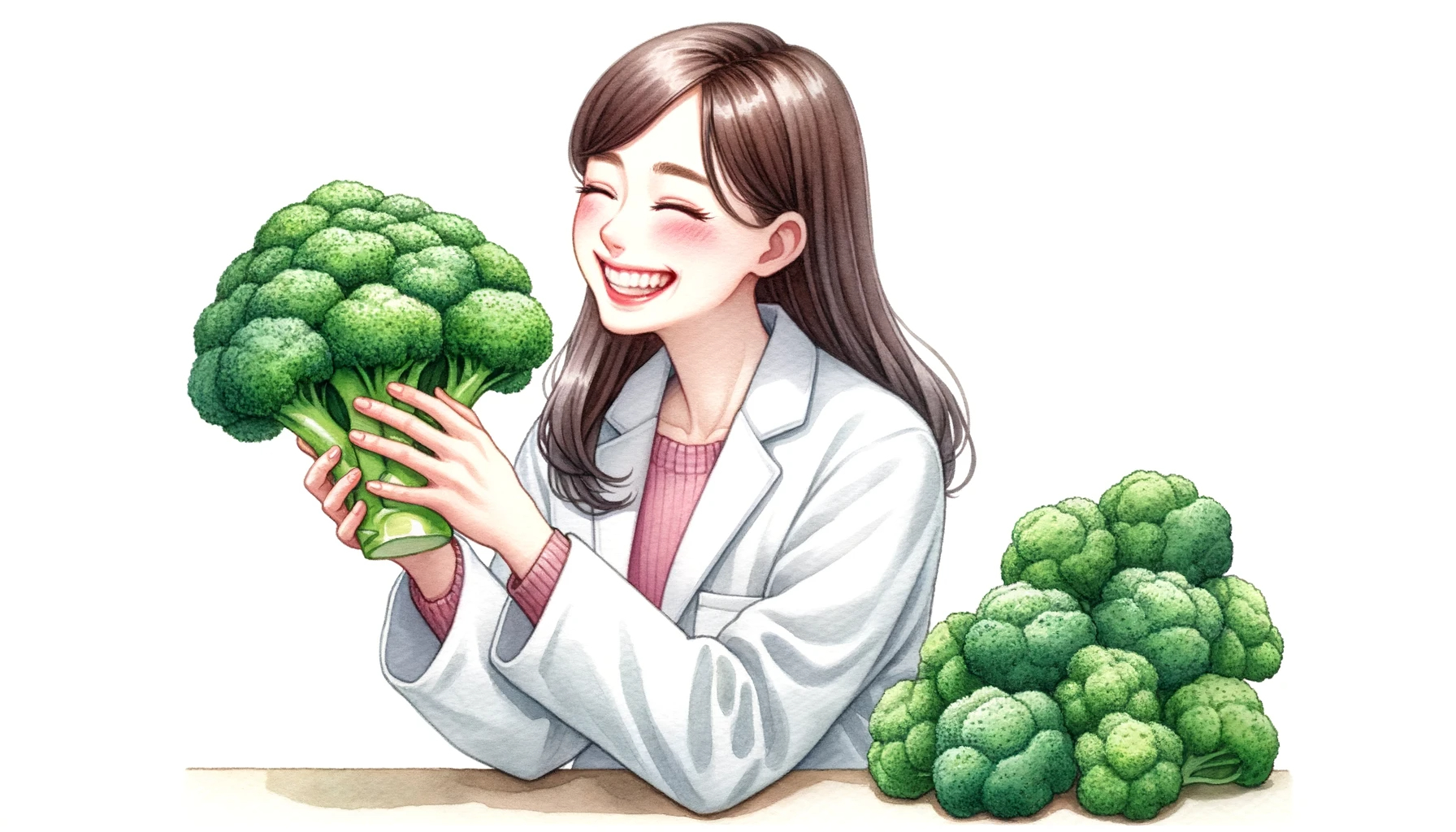 DALL·E 2023-10-21 17.47.06 - Watercolor design of the young woman in a lab coat, her face adorned with a heartwarming smile as she marvels at the broccoli overflowing from her gra.png