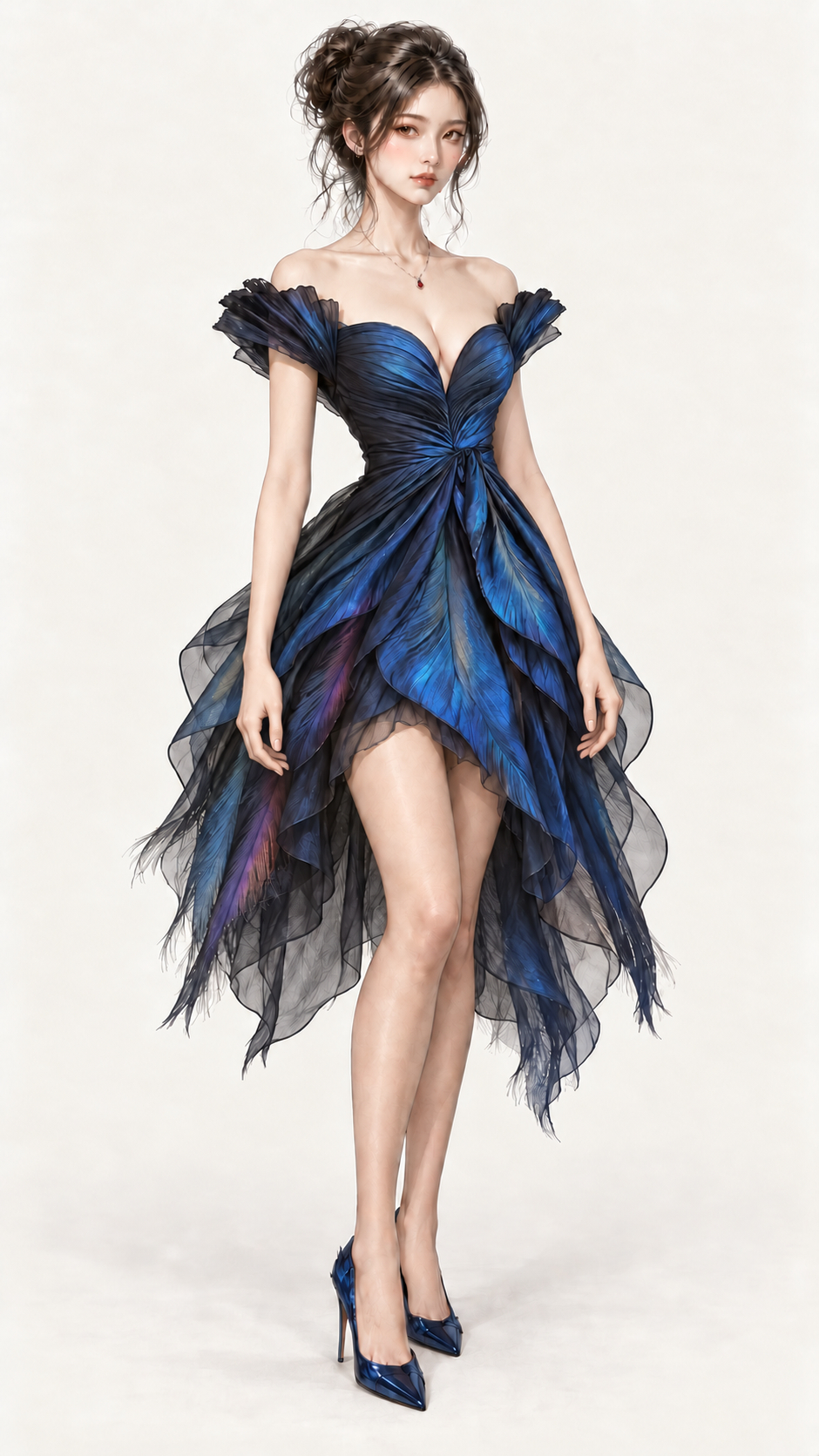 藍色羽根ドレスの女性ポートレート.png